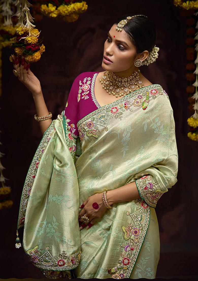 Sea Green Zari Embroidered Kanjivaram Silk Saree Set