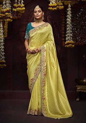 Yellow Zari Embroidered Kanjivaram Silk Saree Set