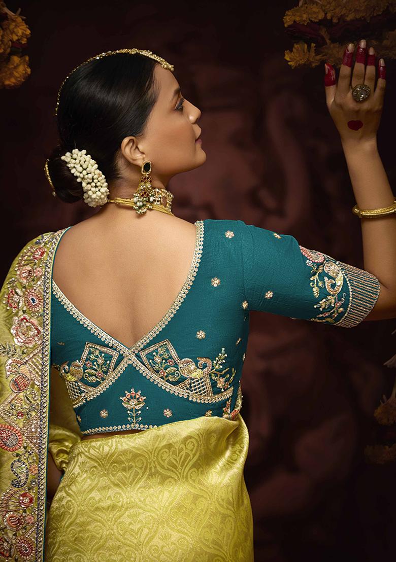 Yellow Zari Embroidered Kanjivaram Silk Saree Set