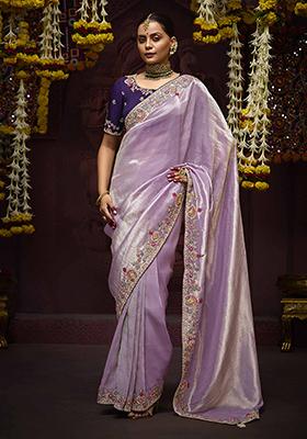 Lavender Zari Embroidered Kanjivaram Silk Saree Set