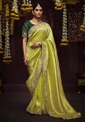 Light Green Zari Embroidered Kanjivaram Silk Saree Set