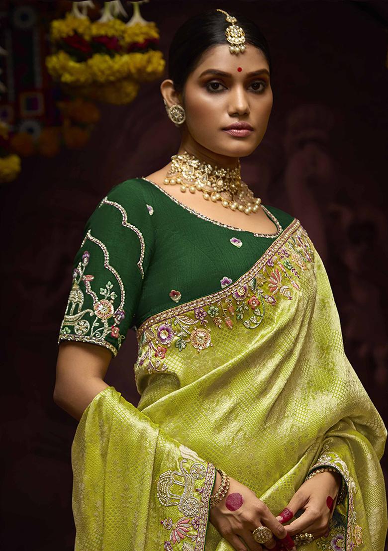 Light Green Zari Embroidered Kanjivaram Silk Saree Set