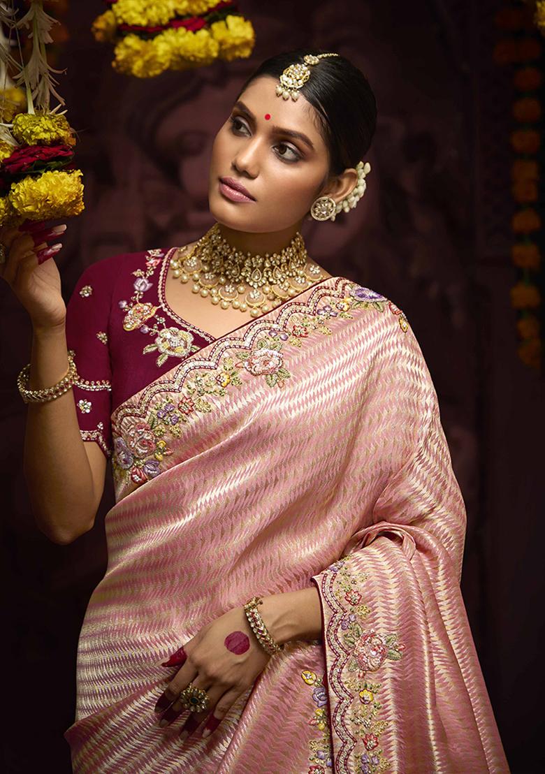 Pink Zari Embroidered Kanjivaram Silk Saree Set