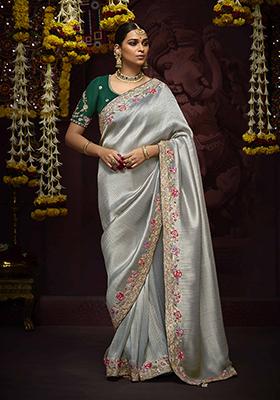 Grey Zari Embroidered Kanjivaram Silk Saree Set