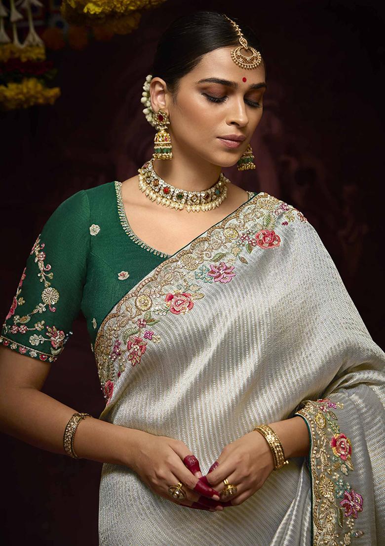 Grey Zari Embroidered Kanjivaram Silk Saree Set