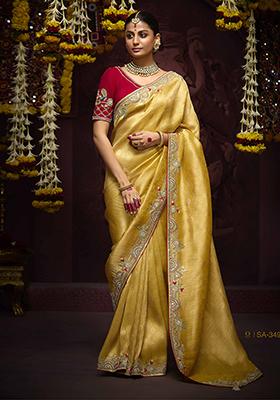 Yellow Zari Embroidered Kanjivaram Silk Saree Set