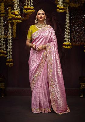 Pink Zari Embroidered Kanjivaram Silk Saree Set