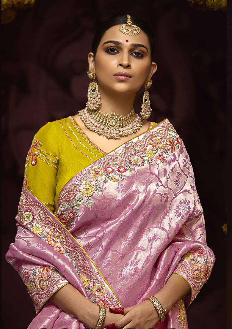 Pink Zari Embroidered Kanjivaram Silk Saree Set