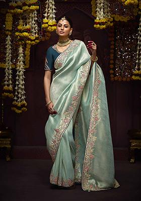 Aqua Blue Zari Embroidered Kanjivaram Silk Saree Set