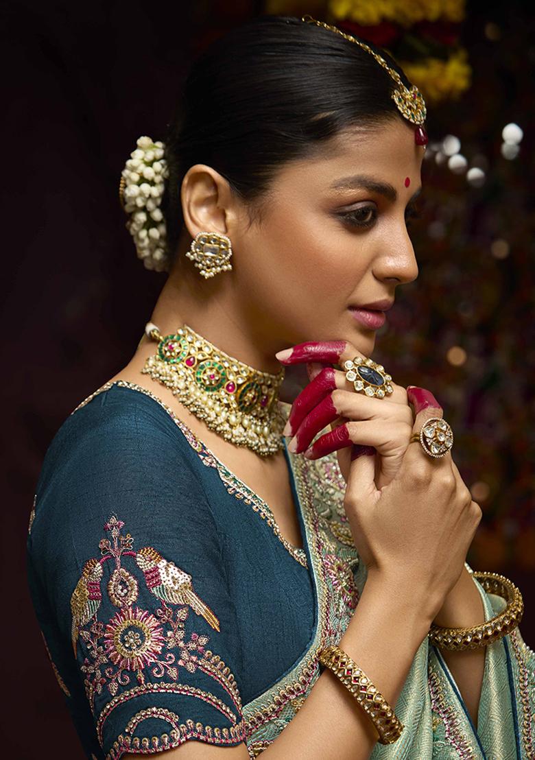 Aqua Blue Zari Embroidered Kanjivaram Silk Saree Set