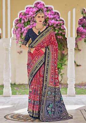 Hot Pink Foil Print Silk Saree Set