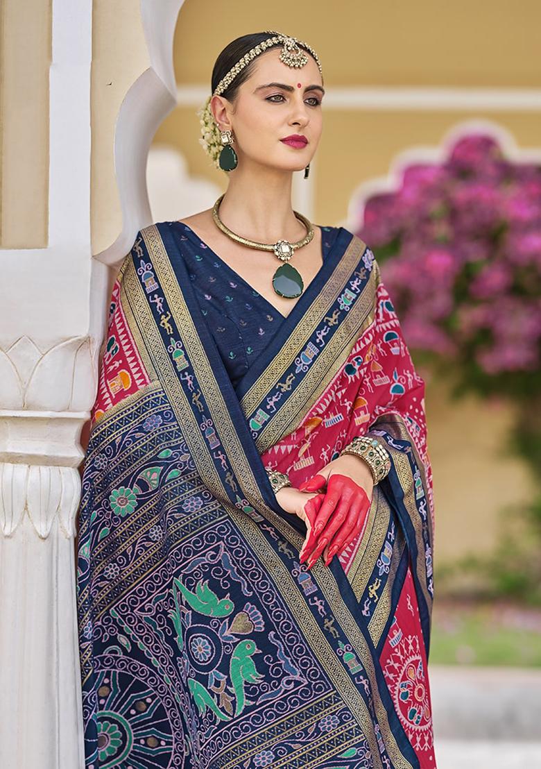 Hot Pink Foil Print Silk Saree Set