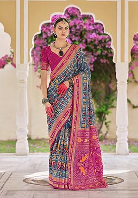 Grey Foil Print Silk Saree Set