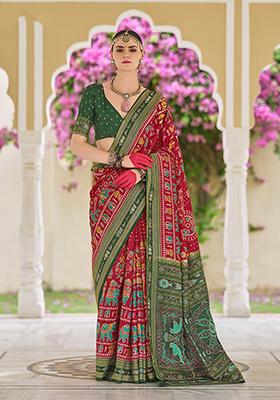Red Foil Print Silk Saree Set
