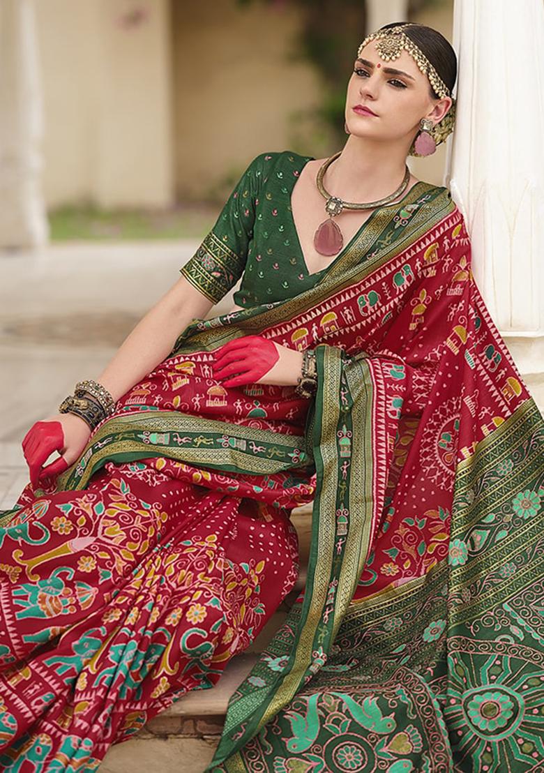 Red Foil Print Silk Saree Set