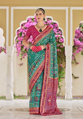 Rama Blue Foil Print Silk Saree Set