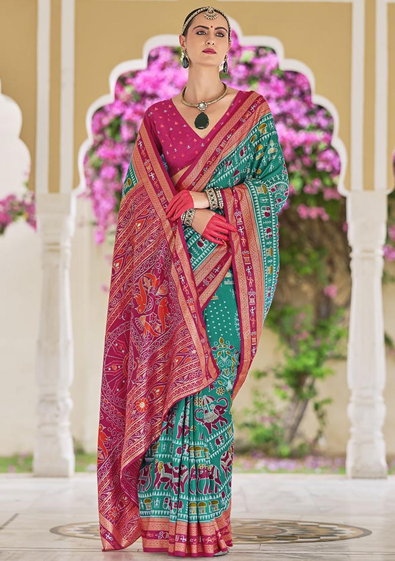 Rama Blue Foil Print Silk Saree Set