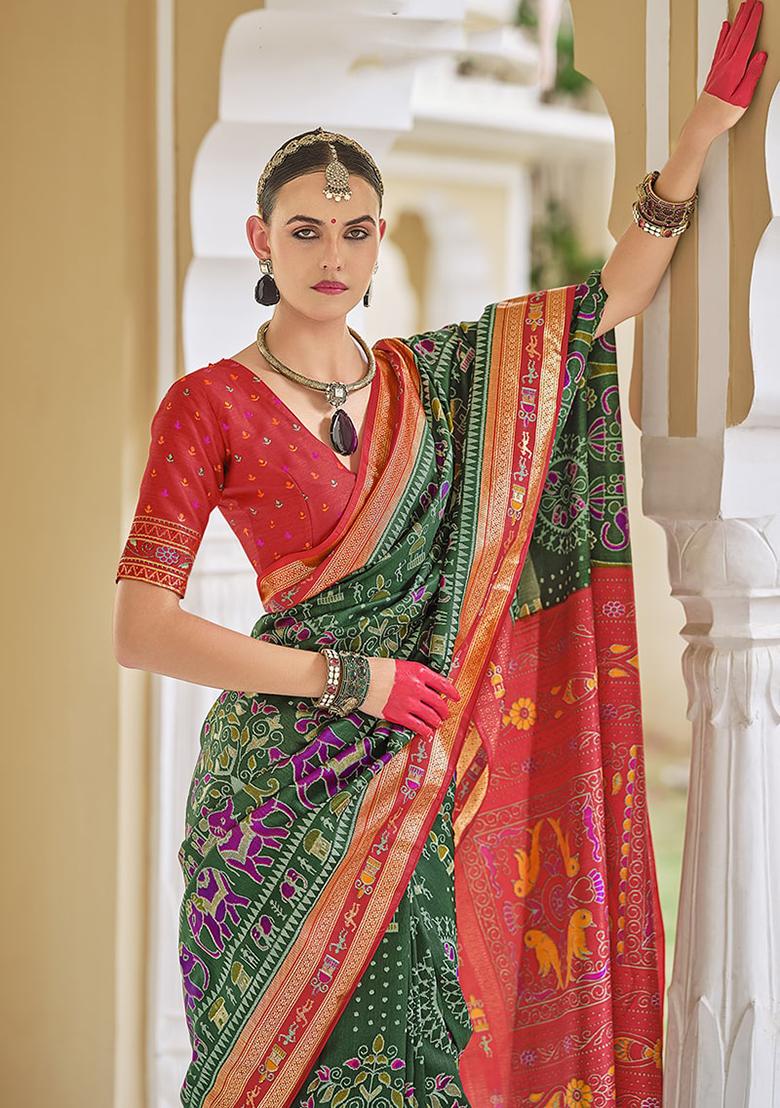 Green Foil Print Silk Saree Set