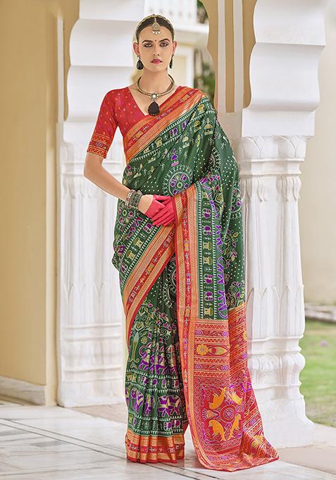 Green Foil Print Silk Saree Set