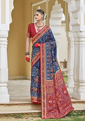 Navy Blue Foil Print Silk Saree Set