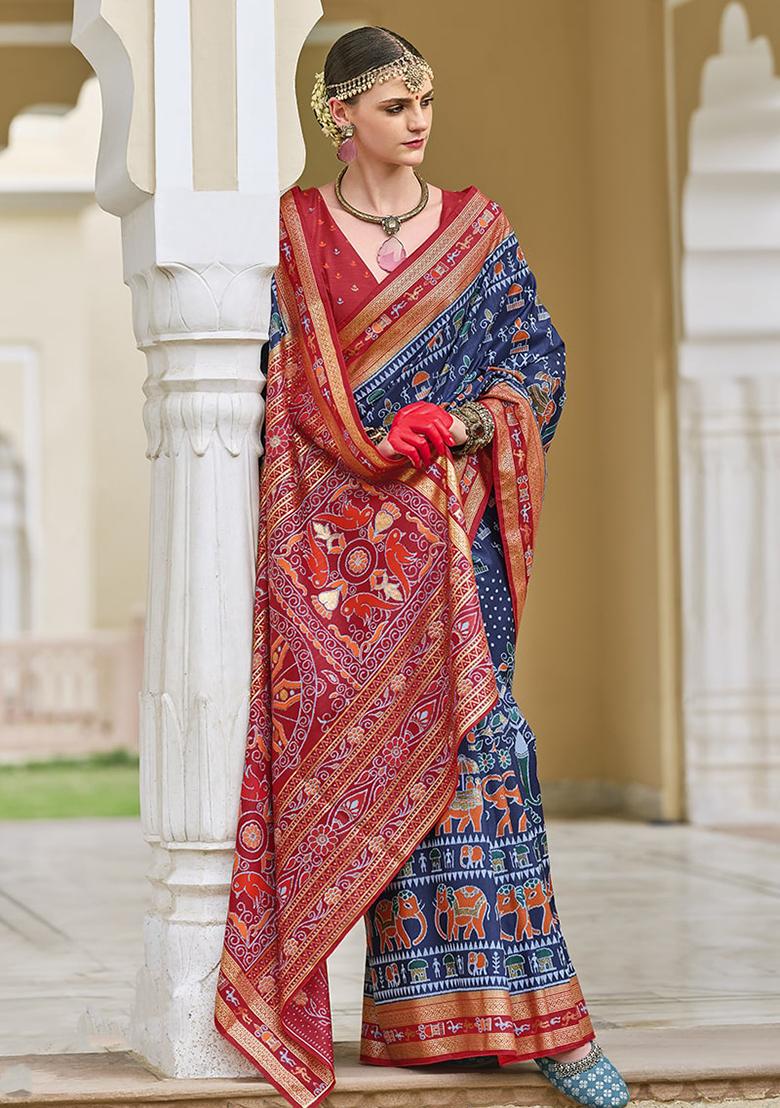 Navy Blue Foil Print Silk Saree Set