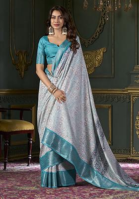 Sky Blue Foil Print Silk Saree Set
