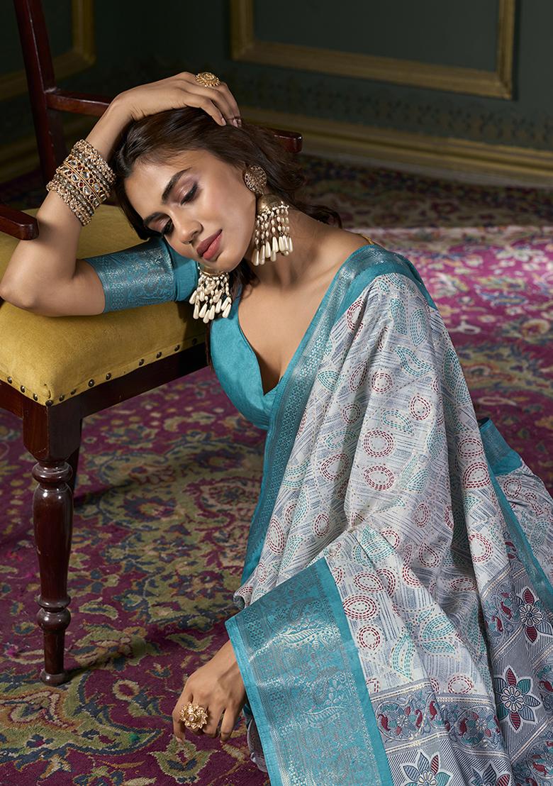 Sky Blue Foil Print Silk Saree Set