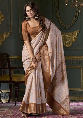 Brown Foil Print Silk Saree Set