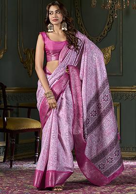 Pink Foil Print Silk Saree Set