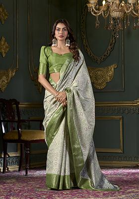 Green Foil Print Silk Saree Set