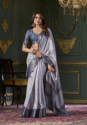 Grey Foil Print Silk Saree Set