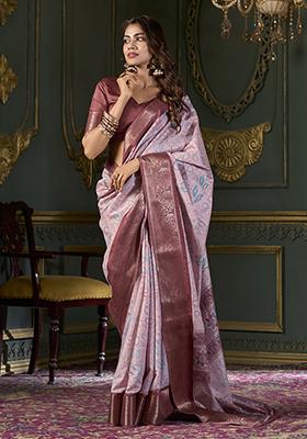 Maroon Foil Print Silk Saree Set