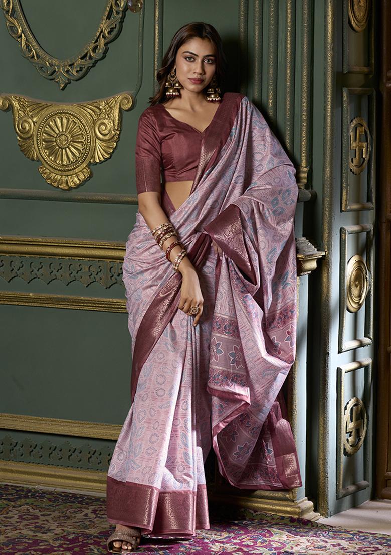 Maroon Foil Print Silk Saree Set