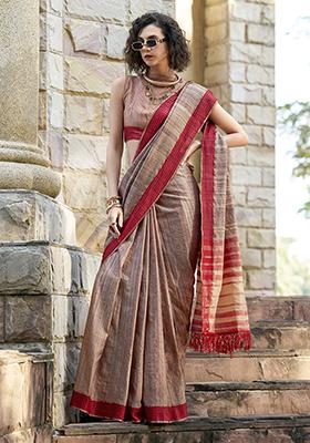 Beige Zari Work Katan Silk Saree Set