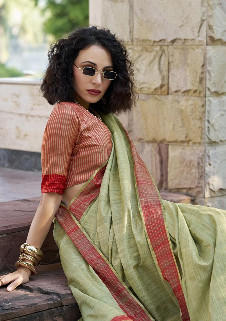 Light Green Zari Work Katan Silk Saree Set