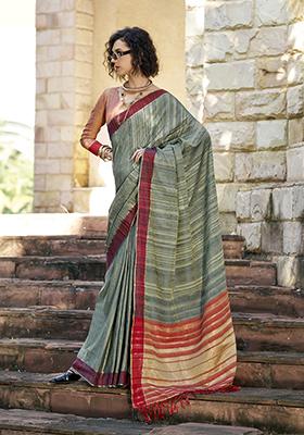 Grey Zari Work Katan Silk Saree Set