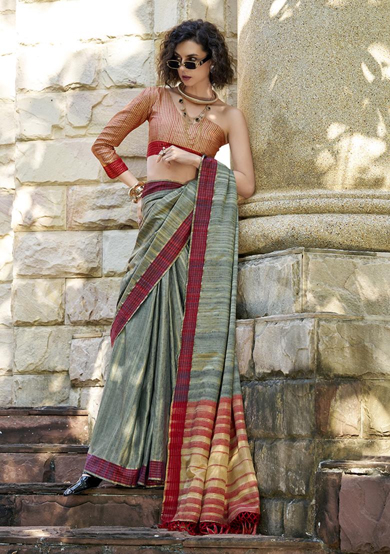 Grey Zari Work Katan Silk Saree Set