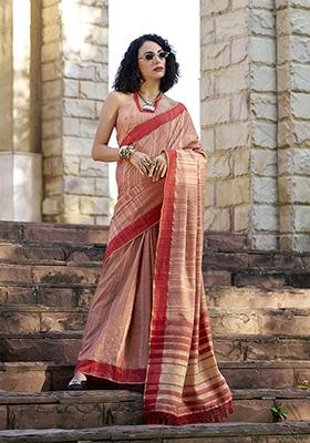 Peach Zari Work Katan Silk Saree Set