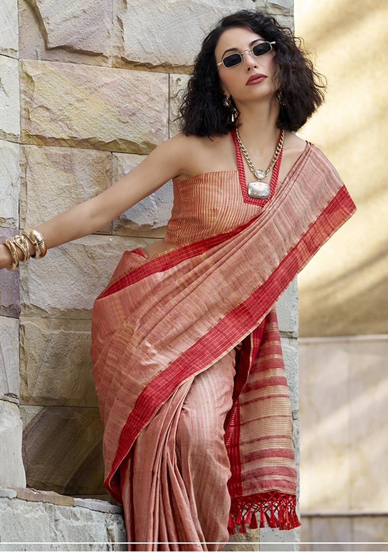 Peach Zari Work Katan Silk Saree Set