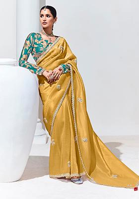 Yellow Embroidered Organza Silk Saree Set