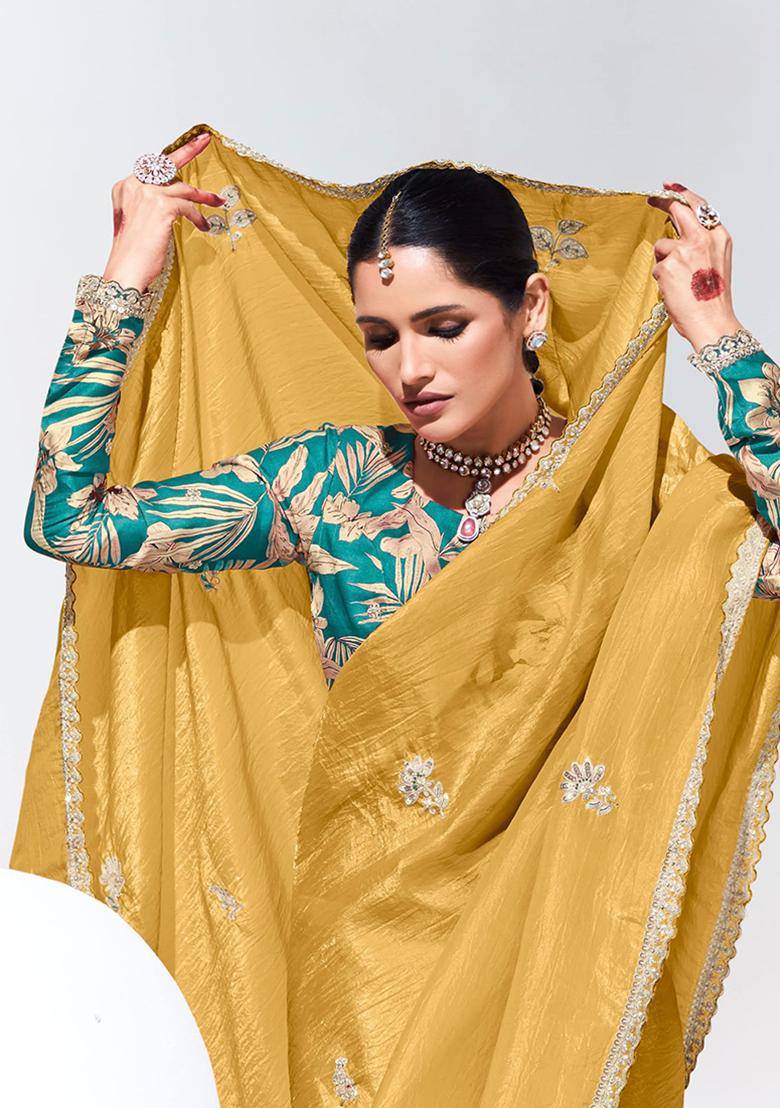 Yellow Embroidered Organza Silk Saree Set