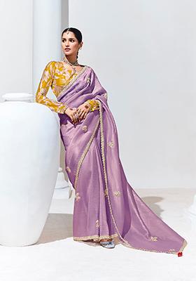 Lavender Embroidered Organza Silk Saree Set
