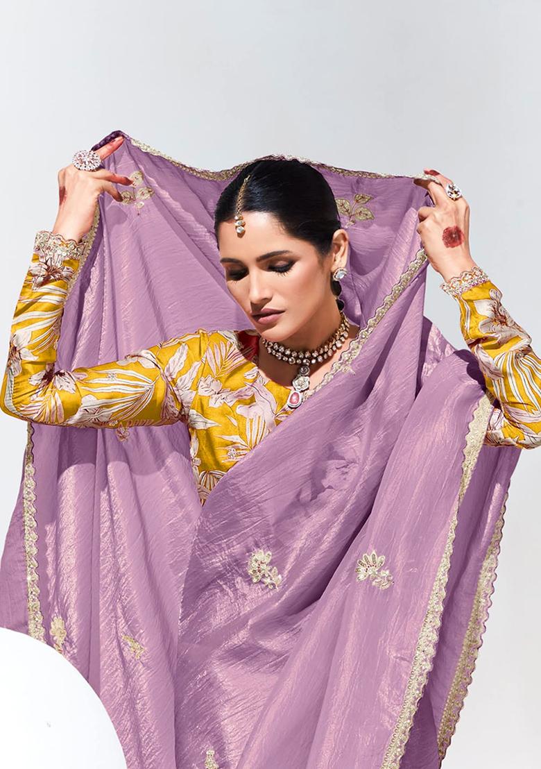 Lavender Embroidered Organza Silk Saree Set