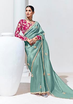 Turquoise Embroidered Organza Silk Saree Set