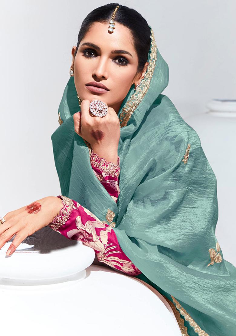 Turquoise Embroidered Organza Silk Saree Set