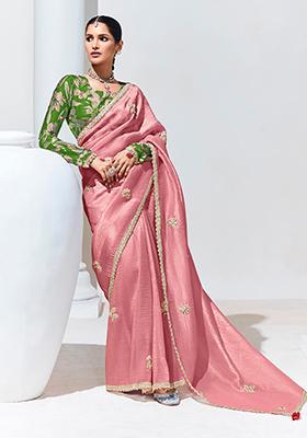 Pink Embroidered Organza Silk Saree Set