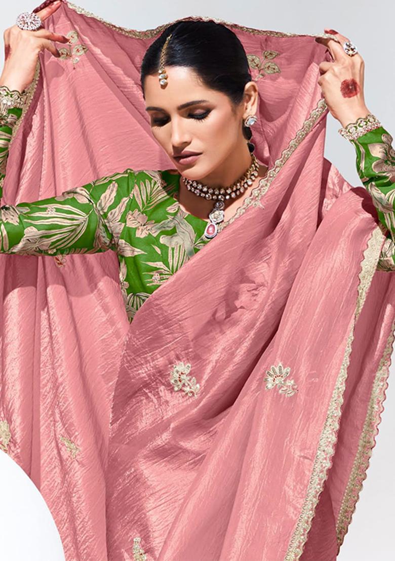 Pink Embroidered Organza Silk Saree Set