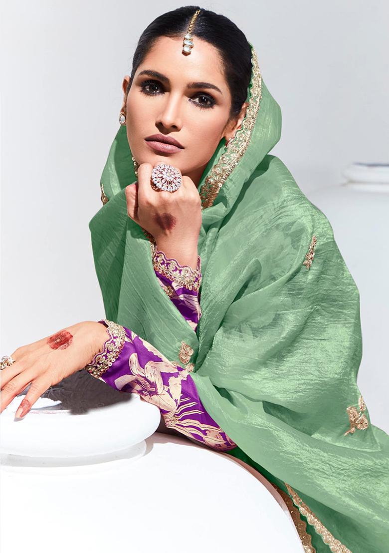 Sea Green Embroidered Organza Silk Saree Set