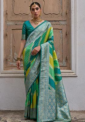 Green Leheriya Print Banarasi Silk Saree Set