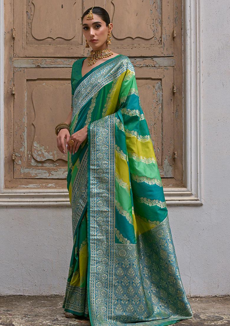 Green Leheriya Print Banarasi Silk Saree Set